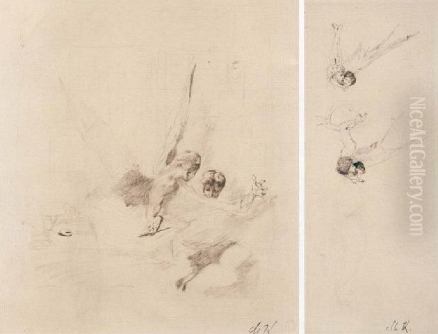 Amor Aiming His Arrow (#) Klinger In The Arms Of Amor (#) Head Oil Painting by Max Klinger