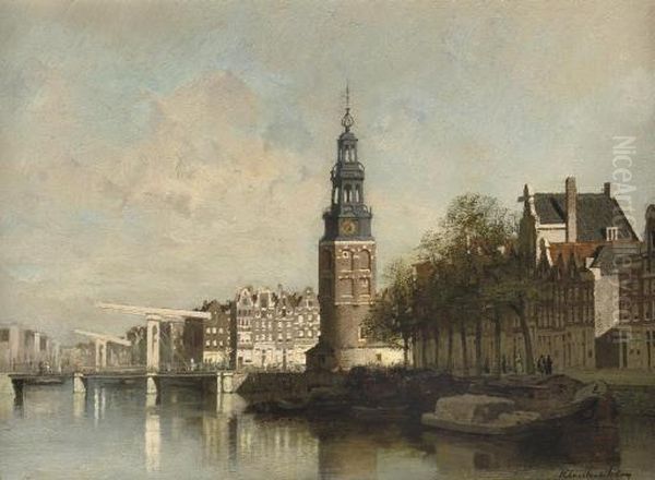The Oude Schans With The Montelbaanstoren, Amsterdam Oil Painting by Johannes Christiaan Karel Klinkenberg