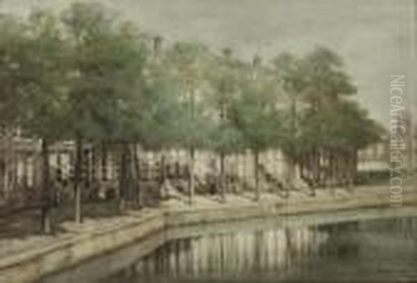 Along The Herengracht, Amsterdam Oil Painting by Johannes Christiaan Karel Klinkenberg