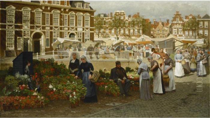 A View Of The Grote Markt In The
 Hague, Towards The Boterwaag And The Prinsengracht, With Scheveningen 
Women Buying Flowers Oil Painting by Johannes Christiaan Karel Klinkenberg