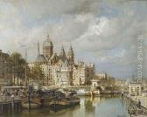 A Bustling Prins Hendrikkade 
With The St. Nicolaas Church And Theschreierstoren, Amsterdam Oil Painting by Johannes Christiaan Karel Klinkenberg