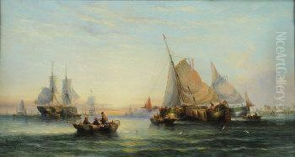 Sunset, Dutch Fishing Boats In A Calm Oil Painting by William Calcott Knell