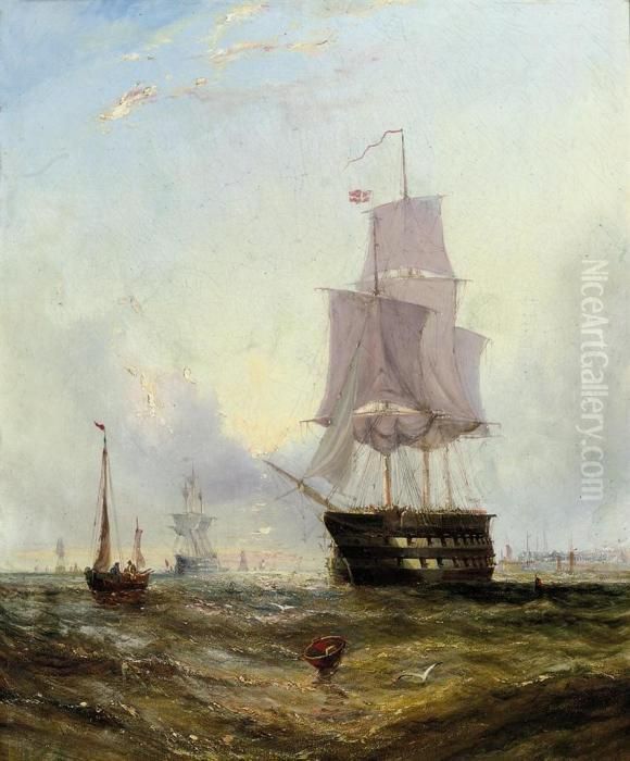 A Two-decker And Other Shipping Lying In Spithead Oil Painting by William Calcott Knell