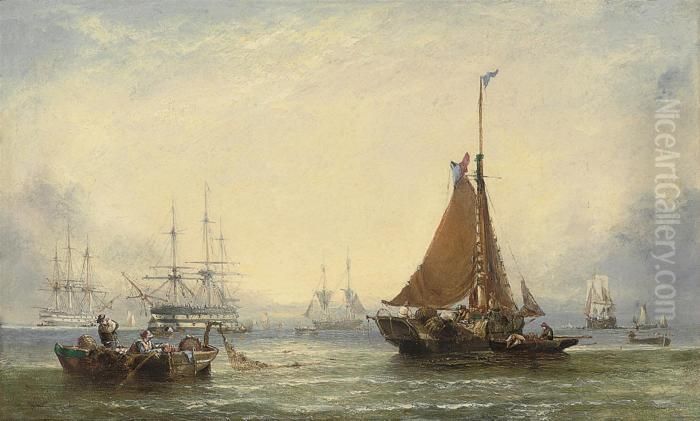 Fishermen Drying Their Sails At 
The End Of The Day, Royal Navy Two-deckers Anchored Beyond Oil Painting by William Calcott Knell