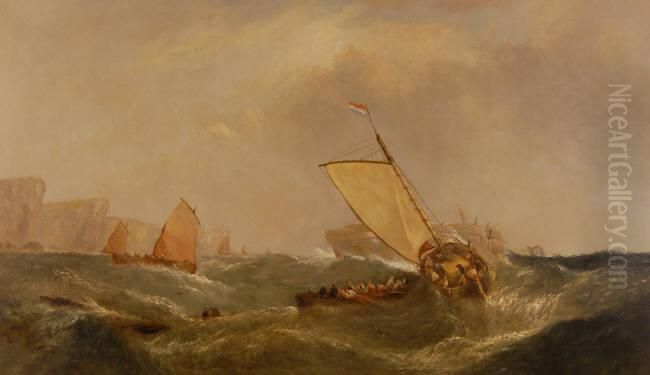 Oil On Canvas,fishing Vessels 
Rescuing Sailors From A Ship Wreck Off The Coast,signed With Inscription
 Verso. 