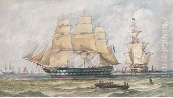 Ships Of The Blue Squadron Lying
 In Spithead Prior To Departing For The Baltic Or The Crimea Oil Painting by William Calcott Knell