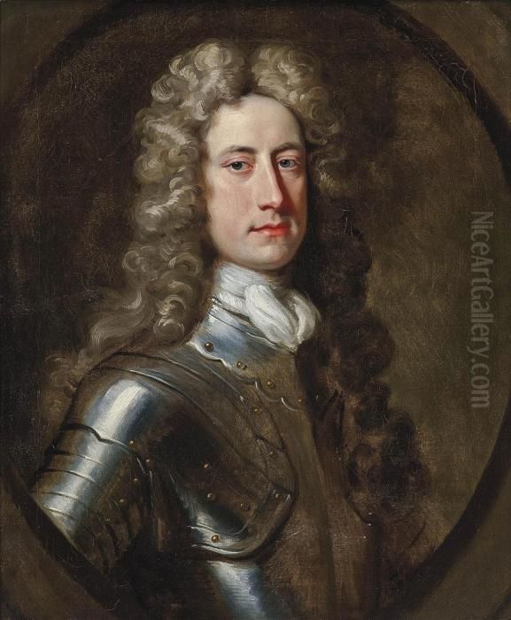Portrait Of William Stanhope, 
1st Earl Of Harrington (1683?-1756), Half-length, In Armour, In A 
Sculpted Oval Oil Painting by Sir Godfrey Kneller