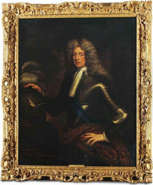 Portrait Of An Officer, 
Traditionally Identified As John, 1st Duke Of Marlborough (1650-1722), 
Three-quarter-length, In Armour With The Sash Of The Garter, His Right 
Hand On A Plumed Helmet Oil Painting by Sir Godfrey Kneller