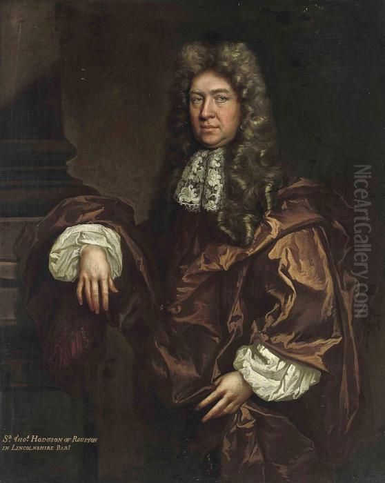 Portrait Of Sir Thomas Hodgson 
Of Rouston, Three-quarter-length, Inrust Robes With A Lace Collar, 
Beside A Column Oil Painting by Sir Godfrey Kneller