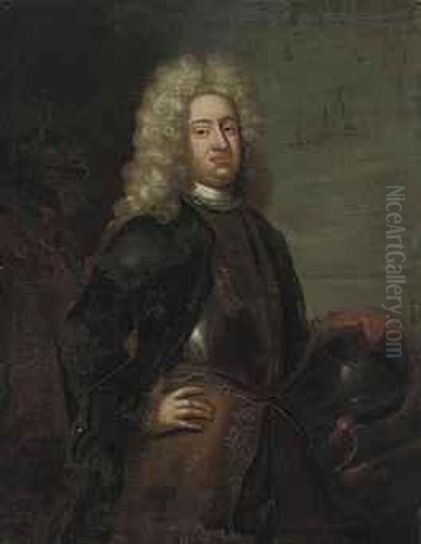 Portrait Of A Gentleman, 
Three-quarter-length, In Armour, His Lefthand Resting On A Helmet Oil Painting by Sir Godfrey Kneller