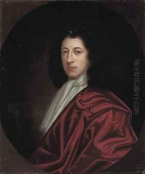 Portrait Of A Gentleman, 
Half-length, In A Red Coat And White Silkscarf, In A Feigned Oval Oil Painting by Sir Godfrey Kneller