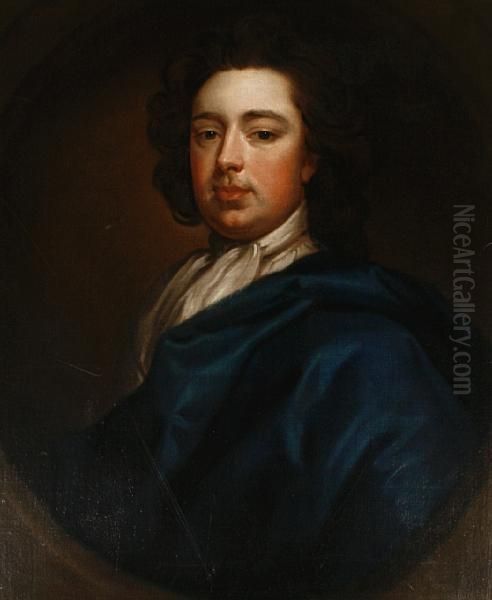 Portrait Of A Gentleman, 
Half-length, In Ablue Mantle And A White Jabot, Within A Painted Oval Oil Painting by Sir Godfrey Kneller