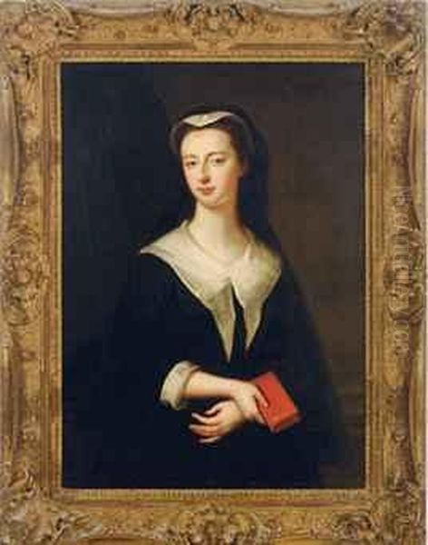 Portrait Of A Lady, Said To Be 
Martha, Wife Of John Evelyn, Halflength, Wearing A Black Dress, Holding A
 Red Book Oil Painting by Sir Godfrey Kneller