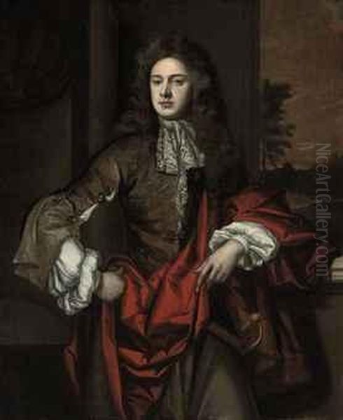 Portrait Of A Gentleman, 
Three-quarter-length, In A Jewel-encrusted Grey Coat With Lace Cravat 
And A Red Sash, In A Landscape Oil Painting by Sir Godfrey Kneller