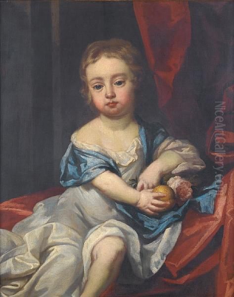 Portrait Of A Young 
Child,three-quarter-length, Holding A Rose And A Lemon, Seated Before 
Ared Curtain Oil Painting by Sir Godfrey Kneller