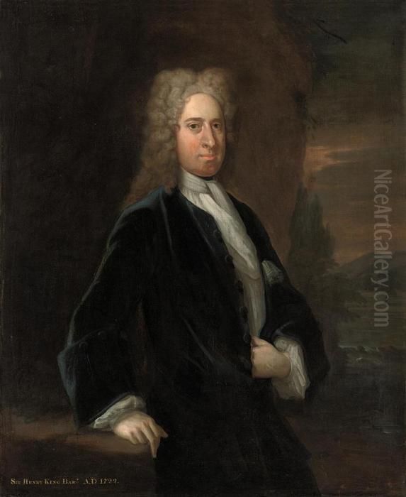Portrait Of A Gentleman, 
Traditionally Identified As Sir Henryking, Three-quarter Length, In A 
Blue Coat, A Landscape Beyond Oil Painting by Sir Godfrey Kneller