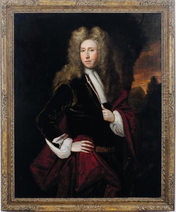 Portrait Of A Nobleman, Standing
 Three-quarter Length, Wearing A Green Coat With Red Shawl Oil Painting by Sir Godfrey Kneller