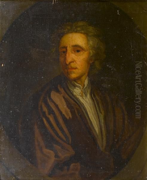 Portrait Of John Locke, 
Half-length, In Apurple Coat And A White Chemise, In A Painted Oval Oil Painting by Sir Godfrey Kneller