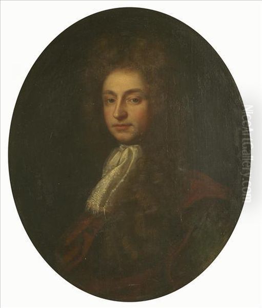Portrait Of A Gentleman, 
Reputedly John Dryden, Half Length Wearinga White Stock And Red Cloak Oil Painting by Sir Godfrey Kneller
