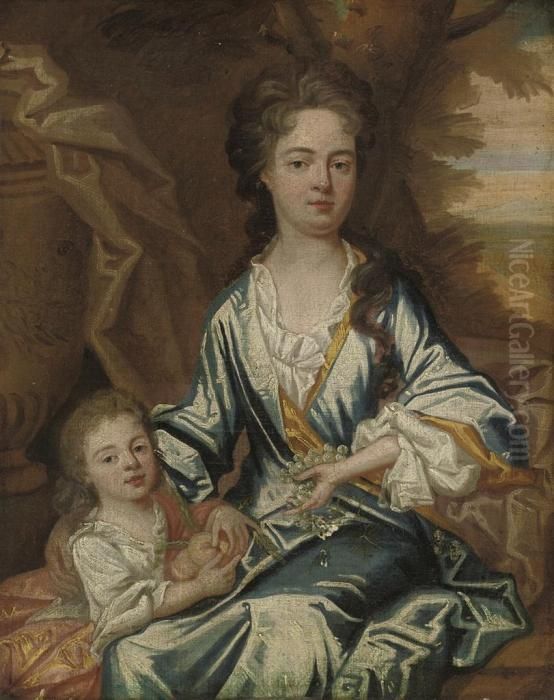 Portrait Of A Mother And Child, 
Three-quarter-length, The Former Ina Blue Dress, Grapes In Her Left 
Hand; The Latter With A Pink Wrap,holding Peaches, By An Urn, A 
Landscape Beyond Oil Painting by Sir Godfrey Kneller