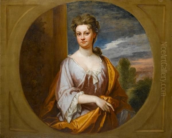 Portrait Of A Lady, Said To Be 
Ann Archer,three-quarter Length, In A Violet Dress With A Brown Wrap, A 
Viewto A Landscape Beyond, Within A Painted Stone Cartouche Oil Painting by Sir Godfrey Kneller