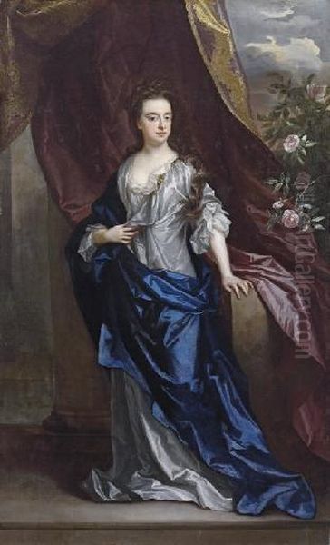 Portrait Of Elizabeth, Duchess 
Of Dorset, Full-length, In A White Dress With A Blue Wrap, Leaning On A 
Stone Pedestal With Her Left Hand, Beside A Draped Curtain Oil Painting by Sir Godfrey Kneller
