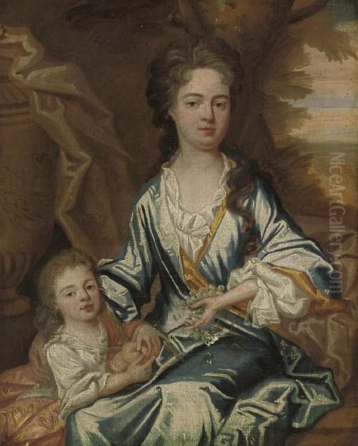 Portrait Of A Mother And Child, 
Three-quarter-length, The Former In A Blue Dress, Grapes In Her Left 
Hand; The Latter With A Pink Wrap, Holding Peaches, By An Urn, A 
Landscape Beyond Oil Painting by Sir Godfrey Kneller