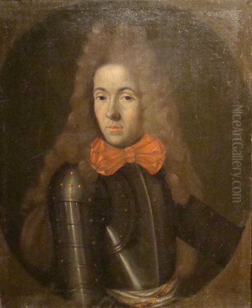 Portrait Of A Gentleman, Long 
Bust Length, Wearing Armour And A Red Cravat Tied In A Bow, A Painted 
Oval Oil Painting by Sir Godfrey Kneller