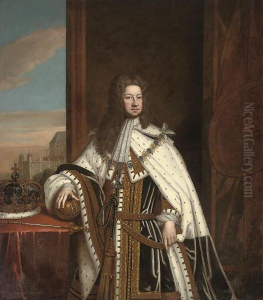 Portrait Of King George I, 
Three-quarter-length, In Robes Of State, Wearing The Collar Of The 
Garter With His Hand On The Orb, The Crown And Sceptre On A Table To His
 Right, The East End Of Westminster Abbey And St. Stephen's Chapel 
Beyond Oil Painting by Sir Godfrey Kneller