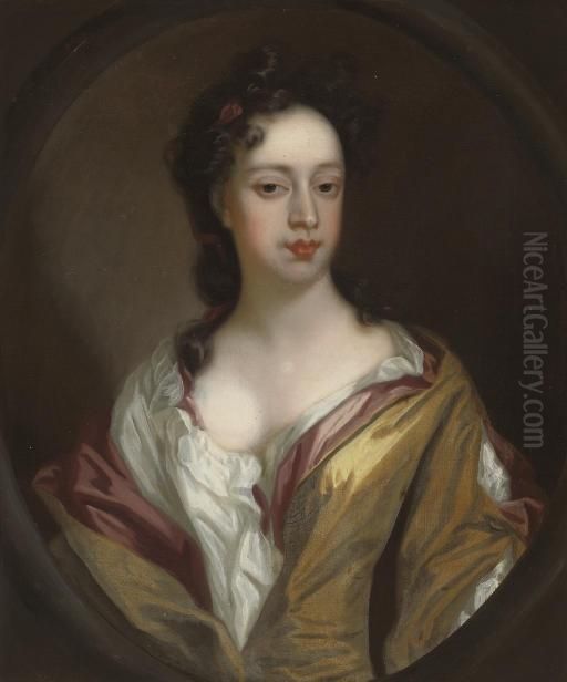 Portrait Of A Lady, Bust-length,
 In Yellow And Pink Classical Dress, With A White Chemise, Pink Ribbon 
In Her Hair, In A Feigned Oval Oil Painting by Sir Godfrey Kneller