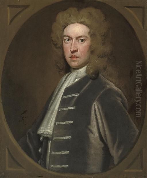 Portrait Of Sir Thomas Pelham Of
 Laughton, 1st Bt. (1653-1756), Bust-length, In A Grey Coat, In A 
Feigned Oval Oil Painting by Sir Godfrey Kneller
