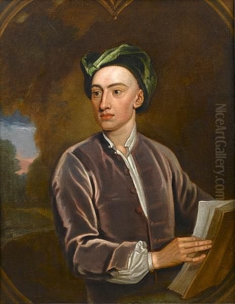 Portrait Of Alexander Pope, 
Half-length, In A Mauve Velvet Coat And Green Velvet Turban, Holding A 
Book, A Landscape Beyond, In A Painted Casement Oil Painting by Sir Godfrey Kneller