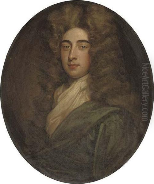 Portrait Of A Gentleman, 
Traditionally Identified As Thomas Hanmer, Bust Length, In A Blue Robe 
And White Cravat Oil Painting by Sir Godfrey Kneller