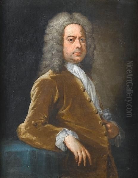 Portrait Of Gentleman, Said To 
Be Henry Rogers, Half-length, In A Gold, Velvet Coat With A White Stock,
 Leaning On A Draped Table Oil Painting by Sir Godfrey Kneller