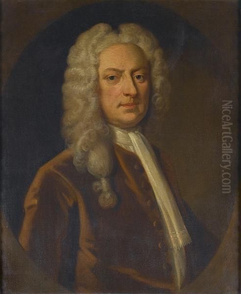 Portrait Of A Gentleman, 
Half-length, In Brown Costume With A White Jabot, In A Painted Oval Oil Painting by Sir Godfrey Kneller