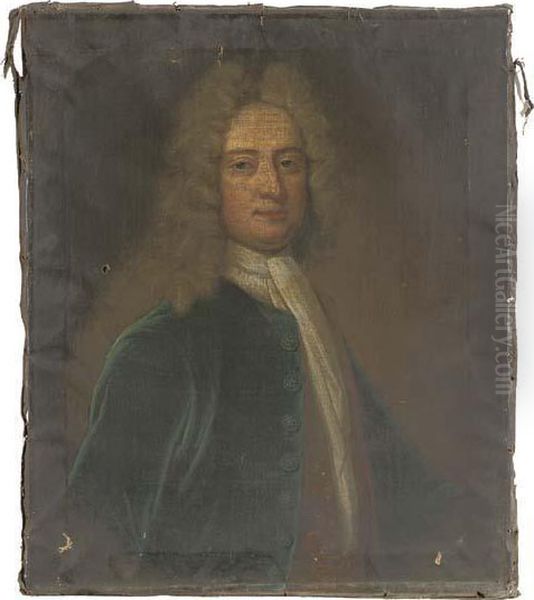 Portrait Of A Gentleman, 
Presumably Of The Mostyn Family, Bust-length, In A Blue Coat With 
Embroidered Waistcoat And White Stock Oil Painting by Sir Godfrey Kneller