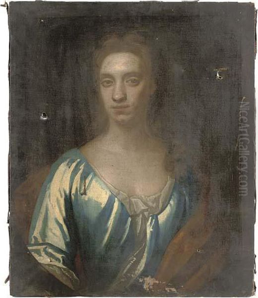 Portrait Of A Lady, Presumably 
Of The Mostyn Family, Bust-length, In A Blue Dress With Orange Shawl Oil Painting by Sir Godfrey Kneller
