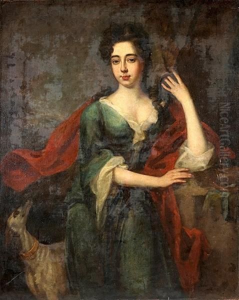 A Portrait Of A Lady, 
Three-quarter Length, Leaning On A Balustrade, With A Dog At Her Feet Oil Painting by Sir Godfrey Kneller