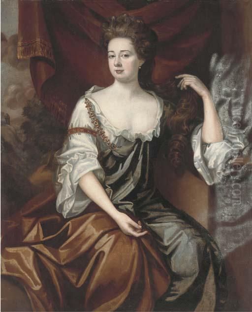 Portrait Of A Lady, Seated 
Half-length, In A Green Dress With A Brown Wrap, A Landscape Beyond Oil Painting by Sir Godfrey Kneller