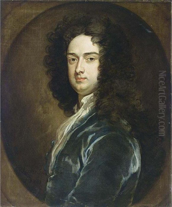 A Portrait Of A Gentleman, Bust 
Length, Wearing A Blue Coat With White Chemise, In A Painted Oval Oil Painting by Sir Godfrey Kneller