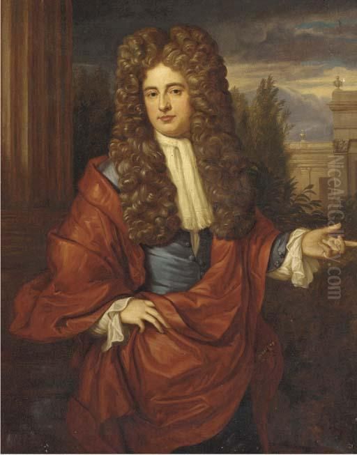 Portrait Of A Gentleman, 
Half-length, In A Blue Jacket And Red Cloak, With A Building Beyond Oil Painting by Sir Godfrey Kneller