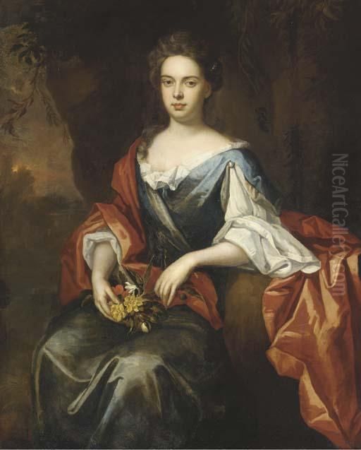 Portrait Of A Lady, 
Three-quarter-length, In A Blue And Red Dress And Holding A Bouquet Of 
Flowers Oil Painting by Sir Godfrey Kneller