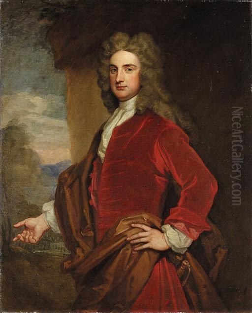 Portrait Of Sir John Rushout, 
4th Bt. (1684-1775),three-quarter-length, In A Red Coat And Brown Wrap, 
In A Woodedlandscape Oil Painting by Sir Godfrey Kneller