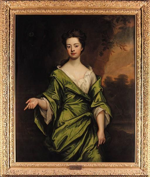 Portrait Of Mrs Harris, 
Three-quarter-length, In A Green Dress,seated In A Wooded Landscape Oil Painting by Sir Godfrey Kneller