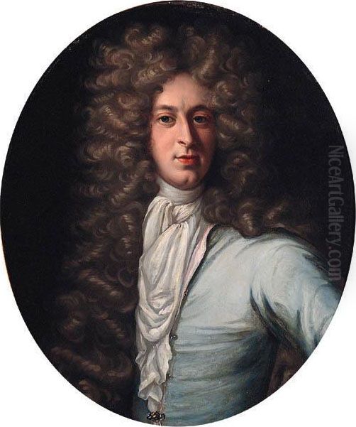 Portrait Of John Taylor Of 
Royston, Half-length, In A Blue Coat Andwhite Stock; And Portrait Of 
Elizabeth Taylor, Half-length, In Awhite Dress With Red Mantle Oil Painting by Sir Godfrey Kneller
