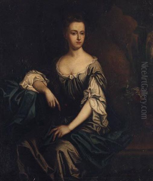 Portrait Of Isabella, Lady 
Lowther, Seated Three-quarter-length, Ina Grey Dress And Blue Shawl, A 
Landscape Beyond Oil Painting by Sir Godfrey Kneller