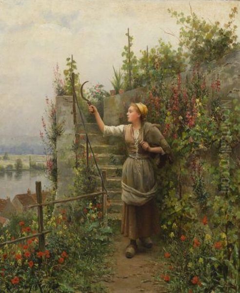 In The Garden/a Young Woman With A Scythe Oil Painting by Daniel Ridgway Knight