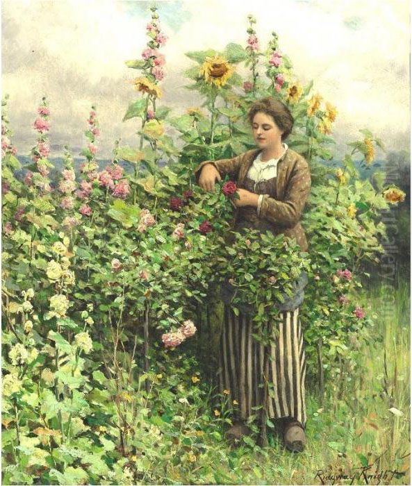 Woman Cutting Flowers Oil Painting by Daniel Ridgway Knight