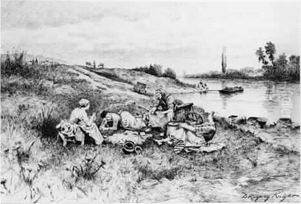 Dejeuner Au Bord D'une Riviere. 
Dessin A La Plume Et Encre De Chine, Signe En Bas A Droite. 32 X 47 Cm Oil Painting by Daniel Ridgway Knight