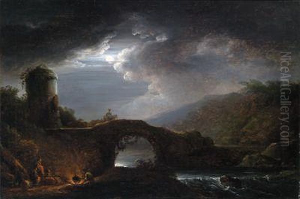 Paesaggio Fluviale Notturno Con Un Ponte Ad Arco In Pietra Oil Painting by Ferdinand Kobell